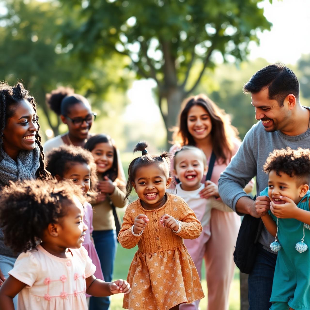 A diverse group of parents and children laughing and playing together on a sunny neighborhood playground, with families of different backgrounds sharing a joyful moment