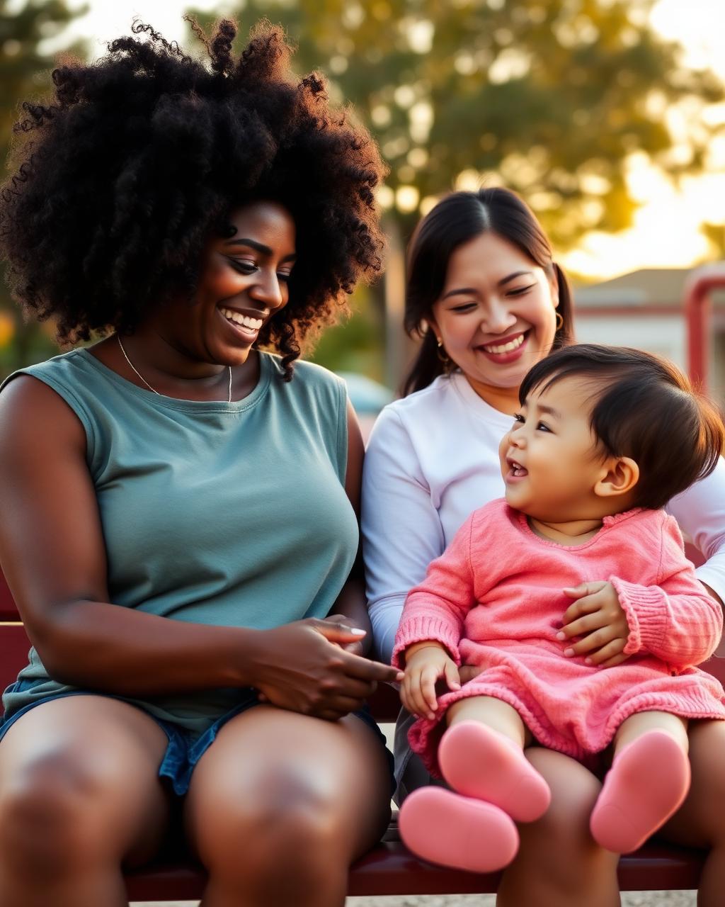 Two moms from different backgrounds laugh together while their toddlers play on a park bench, sharing a moment of village connection